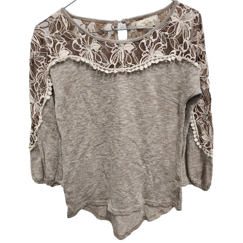 Areve Womens Fairy Romantic BOHO Top Small‎ Beige Lace Yoke 3/4 Sleeve